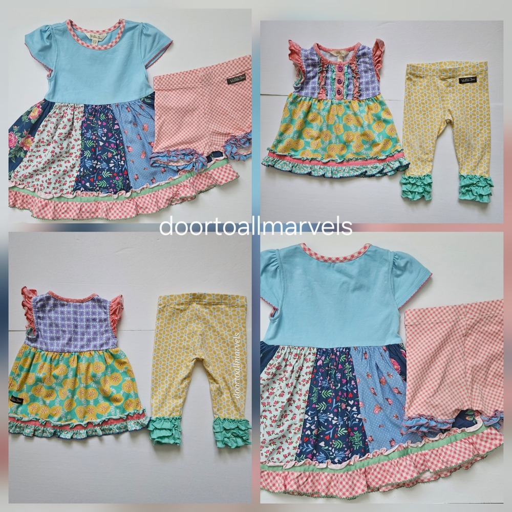 2 Matilda Jane Ruffled Dress & Pants Outfit Set 6-12 + 18-24 Months Colorful EUC